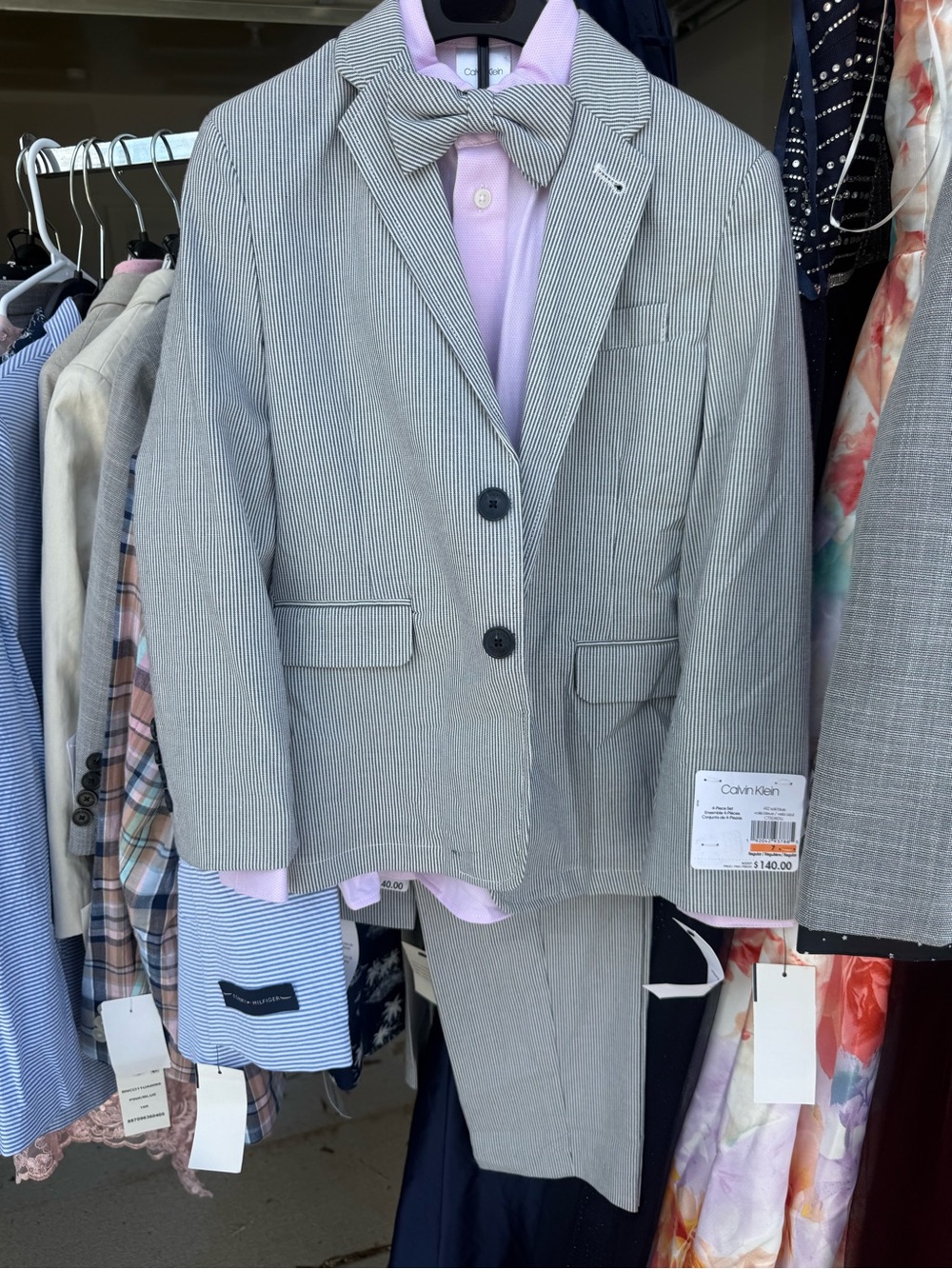 Calvin Klein Light Gray Pinstripe Boys' Suit with Bow Tie